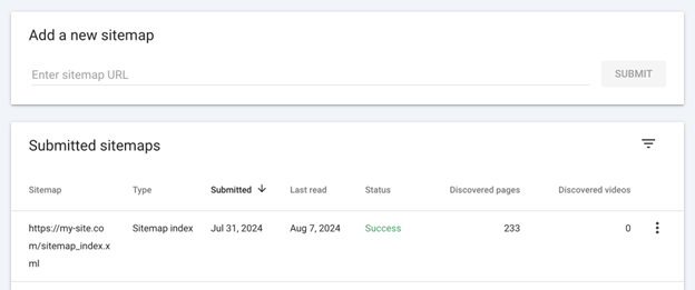 Screenshot of Google Search Console interface showing the submission of a sitemap with details such as type, submission date, last read date, status, and the number of discovered pages and videos