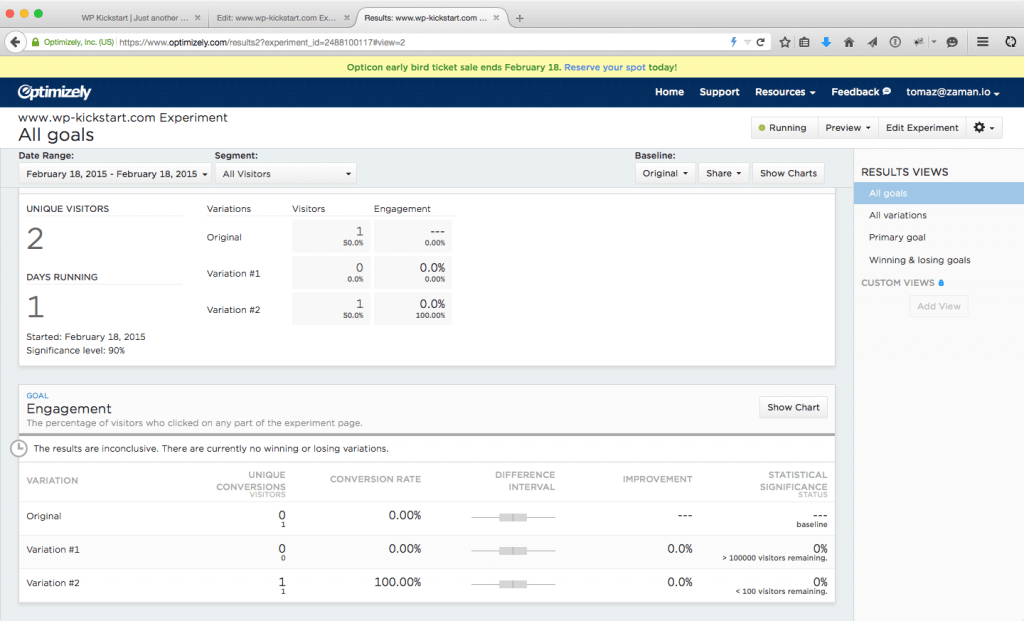 WordPress AB testing Optimizely results