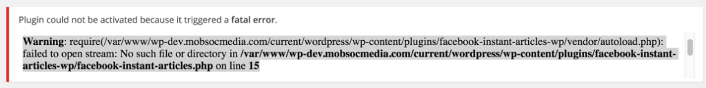 FB Instant Article Automattic plugin error message