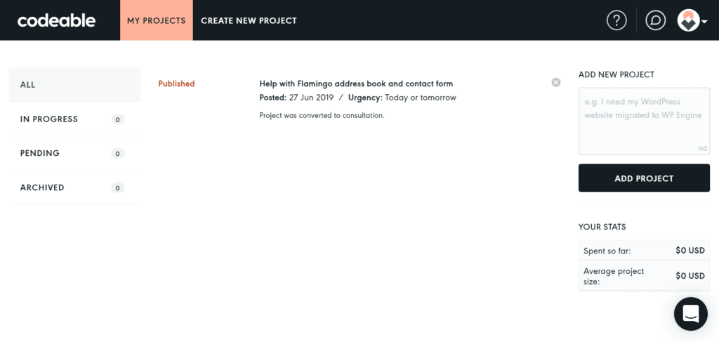 Your projects on the Codeable dashboard