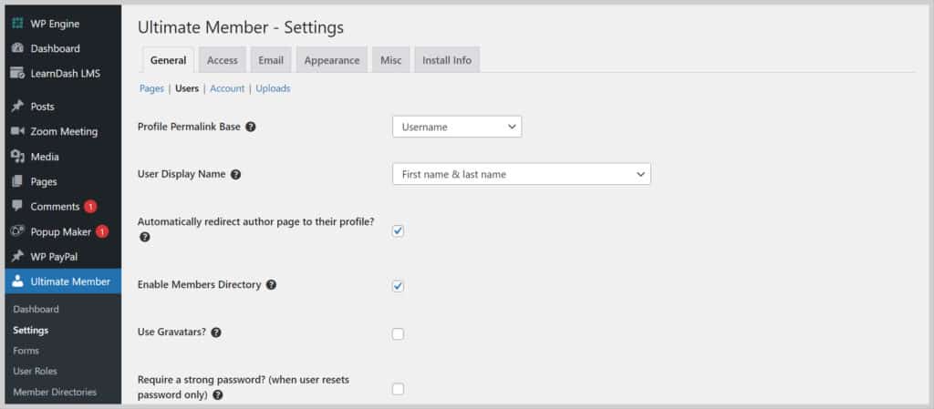 Screenshot showing Ultimate Member settings menu.