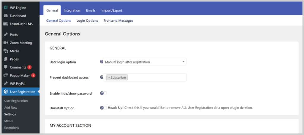 Screenshot showing User Registration Options menu.