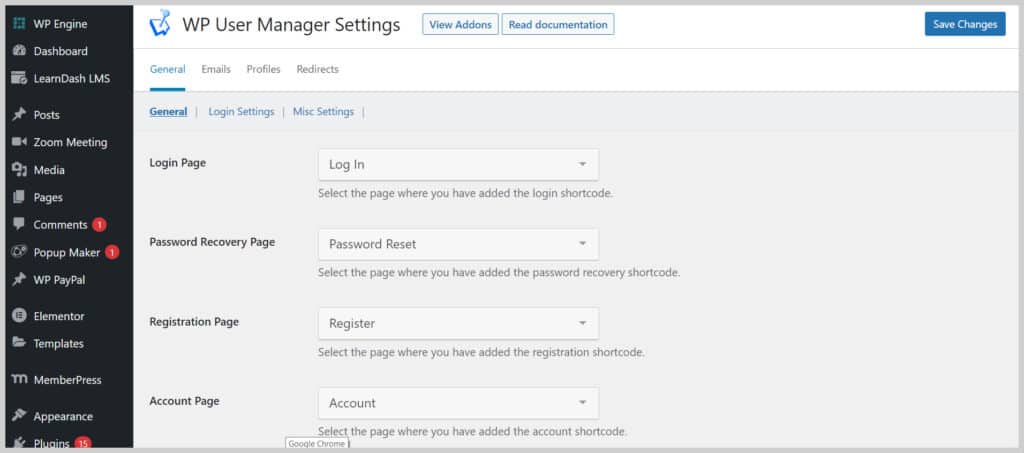 Screenshot of WP User manager settings.