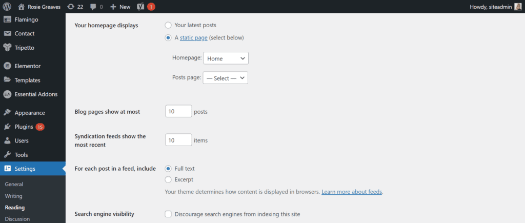 An image showing the reading settings in WordPress