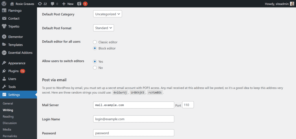 An image showing the writing settings in WordPress