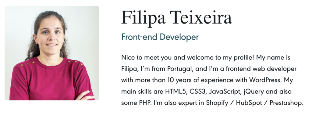 Filipa Teixeira: Frontend Developer and Women of Codeable member. 