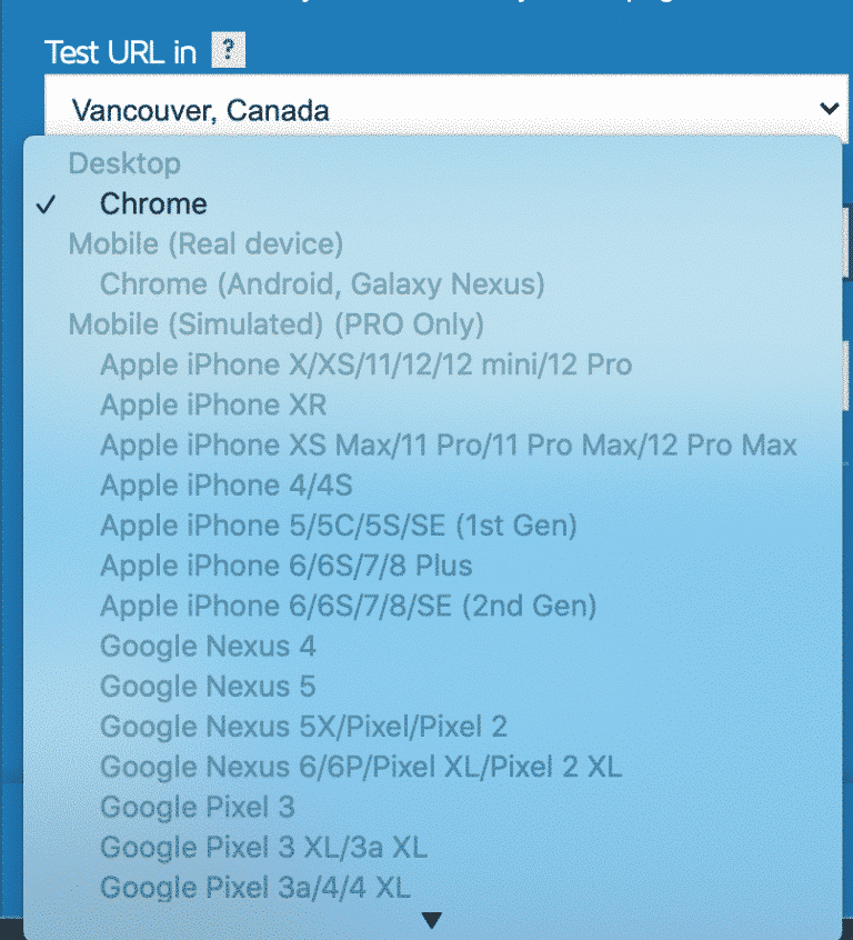 Mobile devices available for testing purposes – Source: GTmetrix