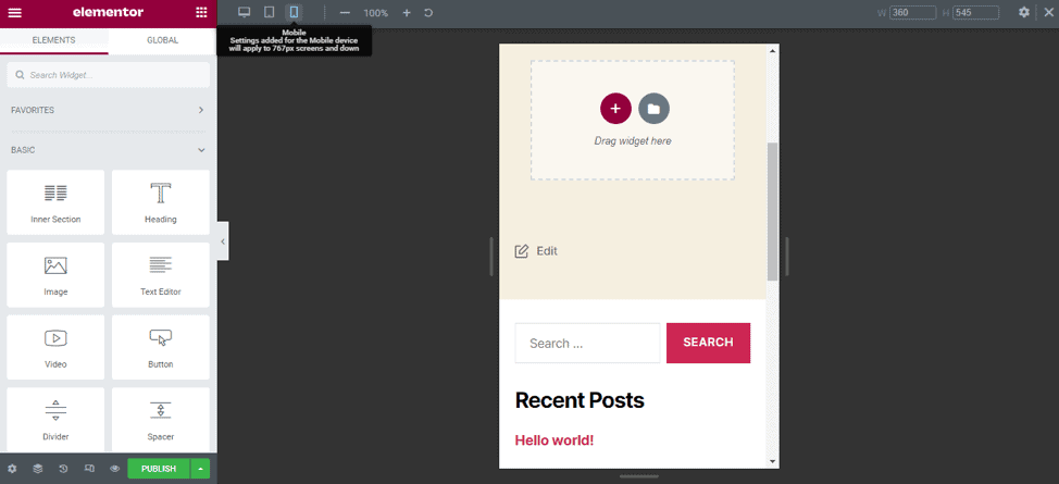 Choose to edit mobile, tablet or desktop via the responsive mode