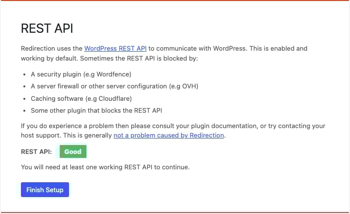 Rest API Finish redirect manager setup