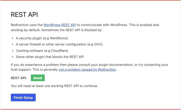 Rest API Finish redirect manager setup