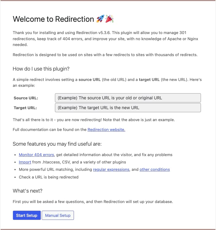 Redirection WordPress plugin welcome page 