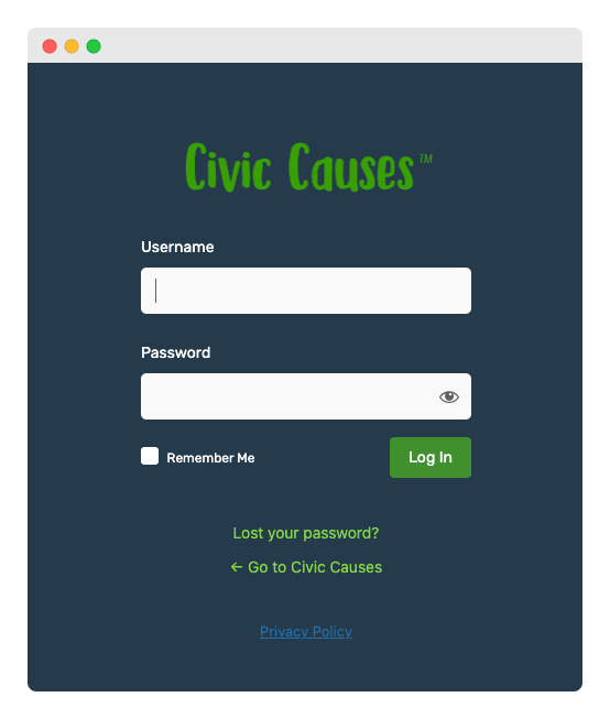 Civic Causes uses a WordPress login page custom design for its entire website: you need to login to view any page. Having the custom login page makes it clear to the user that they’re in the right place; the default WordPress login page could be confusing.