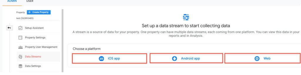 Adding data streams to Google Analytics 4 property.