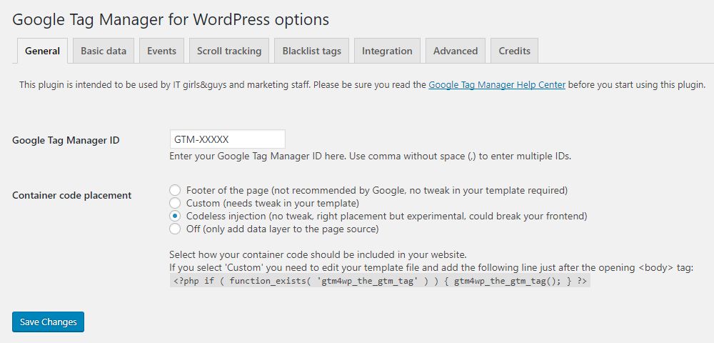 Setting up Google Analytics 4 using the GTM plugin for WordPress.