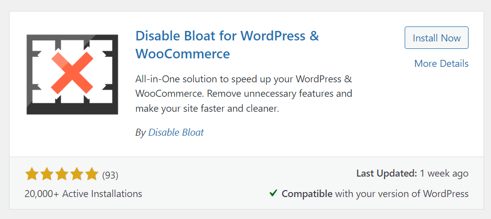 Disable Bloat for WordPress and WooCommerce plugin