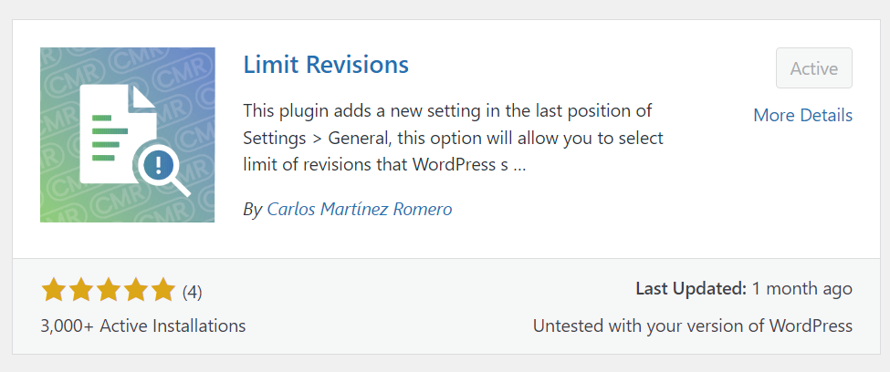 The Limit Revisions WordPress plugin displayed on the WordPress Plugin Repository