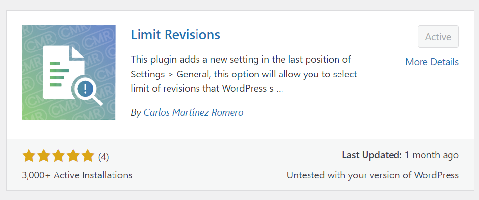 The Limit Revisions WordPress plugin displayed on the WordPress Plugin Repository
