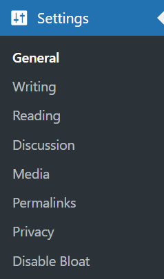 The WordPress admin panel settings sidebar, displaying the Disable Bloat option