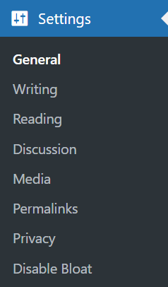 The WordPress admin panel settings sidebar, displaying the Disable Bloat option
