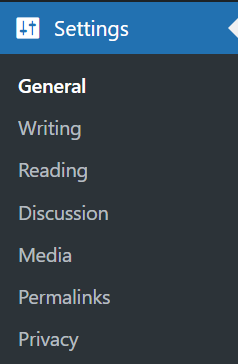 The Settings section of the  WordPress admin panel sidebar
