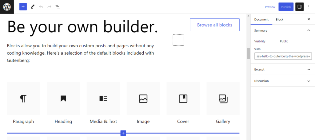 A screenshot of WordPress’ Gutenberg block-based editor.