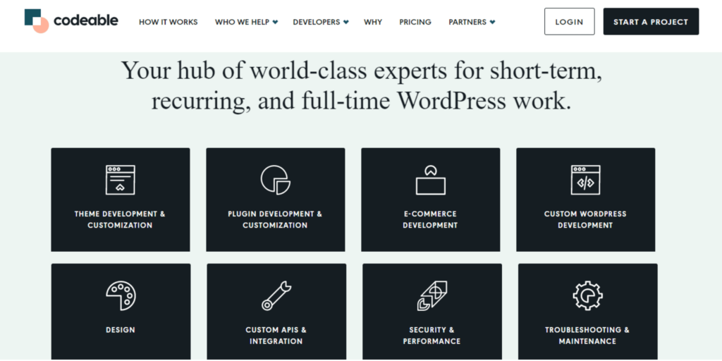 A screenshot of our Codeable website with the various services we offer.