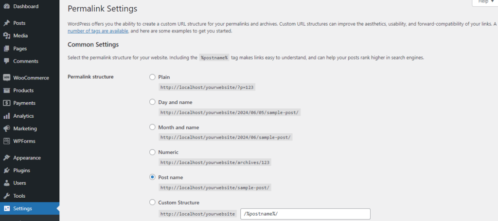 Adjusting the permalink settings in WordPress to enable the REST API.