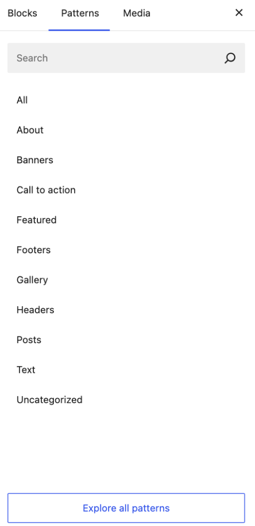 WordPress Patterns library showing various design options