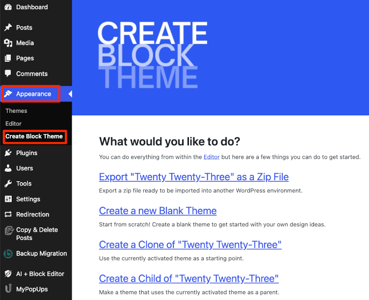 Create Block Theme plugin options available for Theme creation
