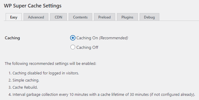 Enabling caching using WP Super Cache.