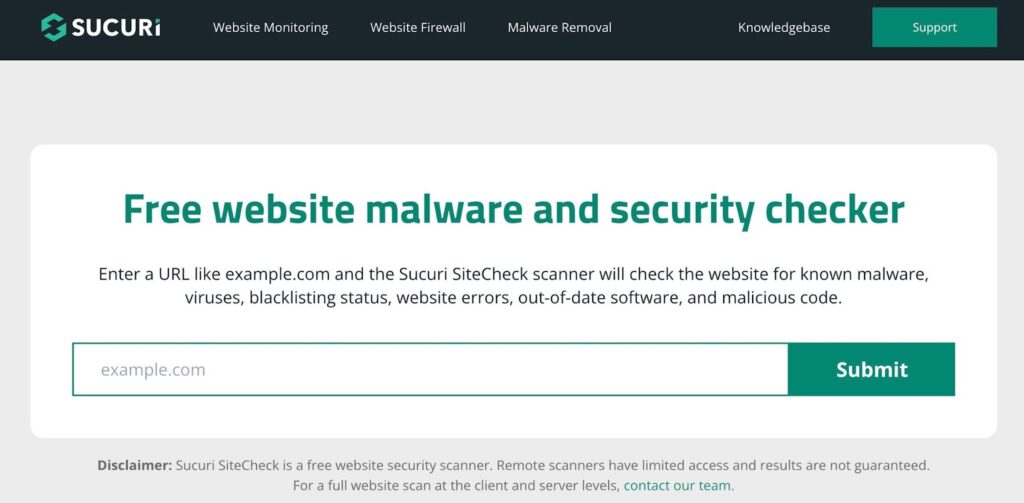 Identifying malware using SucuriSiteCheck malware site checker.