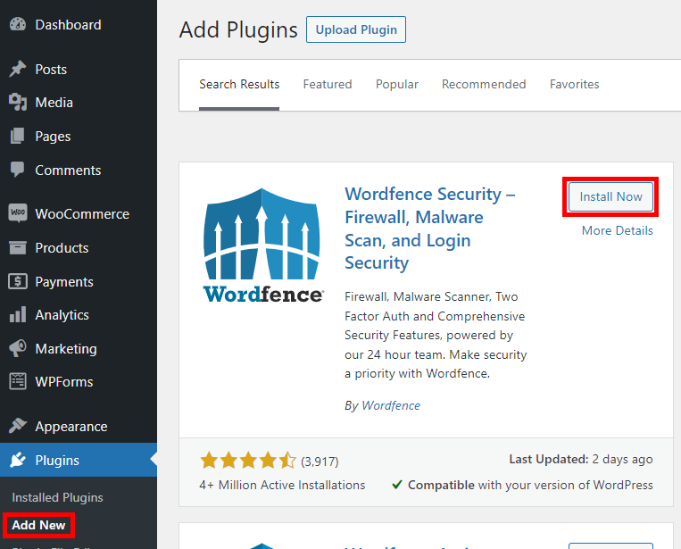 Installing WordFence on WordPress.