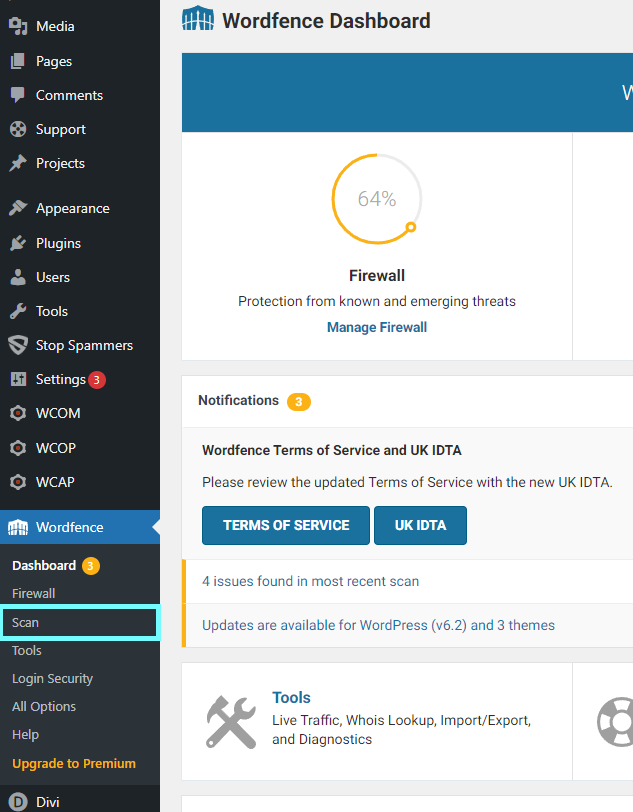 Starting a malware scan using WordFence. 
