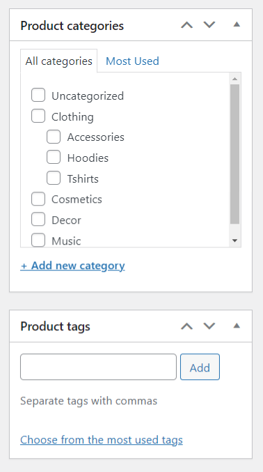 Adding the new product’s category/categories and tags.