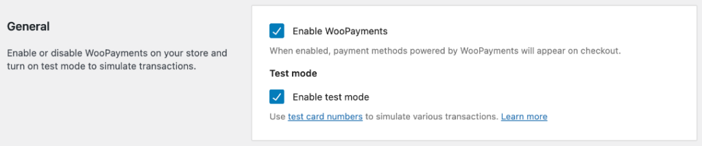 Enabling payment test mode.