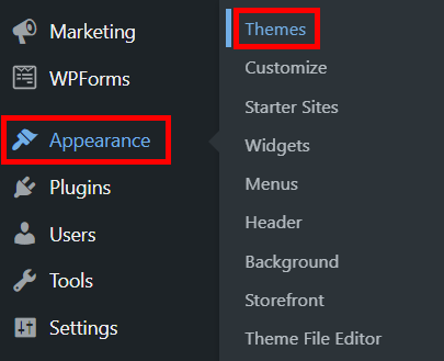 Going to the themes in WordPress.