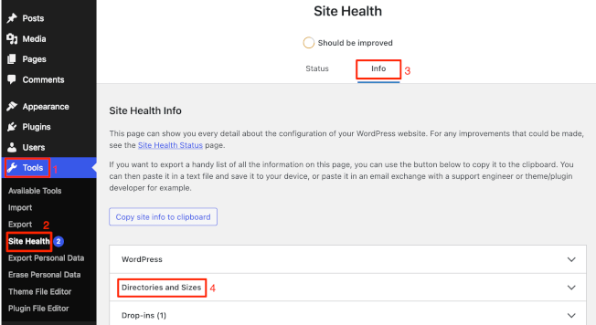 WordPress Site Health disc space and storage monitoring.