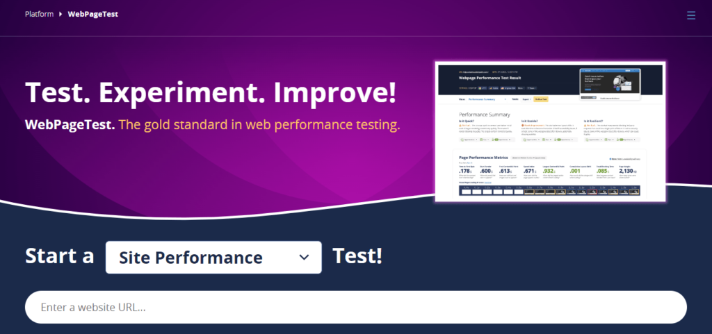 WebPageTest homepage.