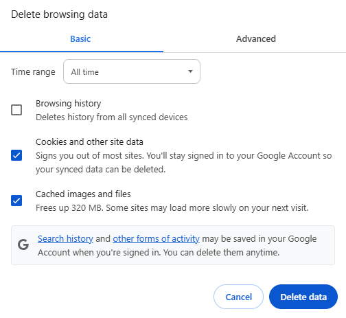 Deleting the browser cache in Chrome