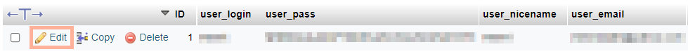 Editing user row on phpMyAdmin