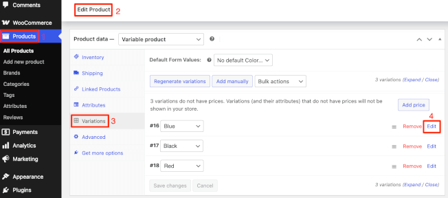 WooCommerce variations tab