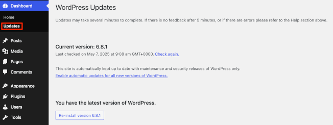 Navigating to updates in WordPress dashboard