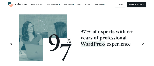 Codeable homepage showcasing that 97% of the developers they work with have more than six years of WordPress experience.