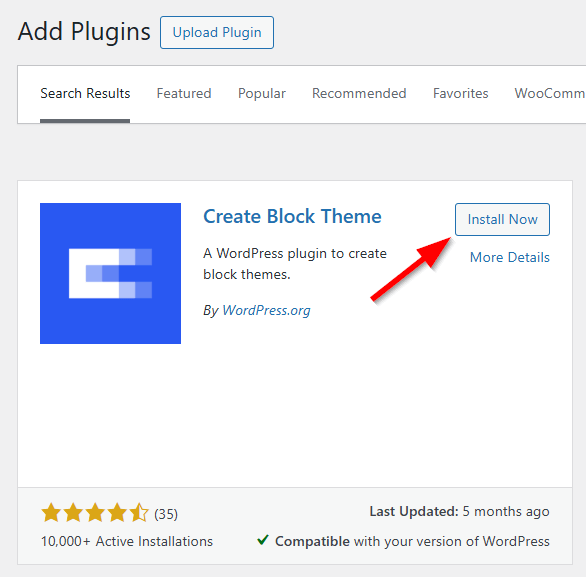 Installing and activating the Create Block Theme plugin.