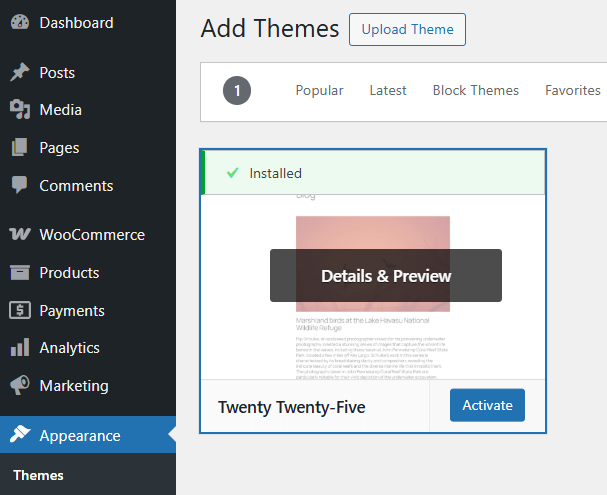Installing and activating the Twenty Twenty-Five theme in WordPress.