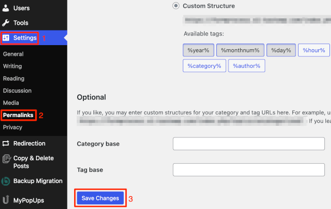 Permalinks settings in WordPress dashboard