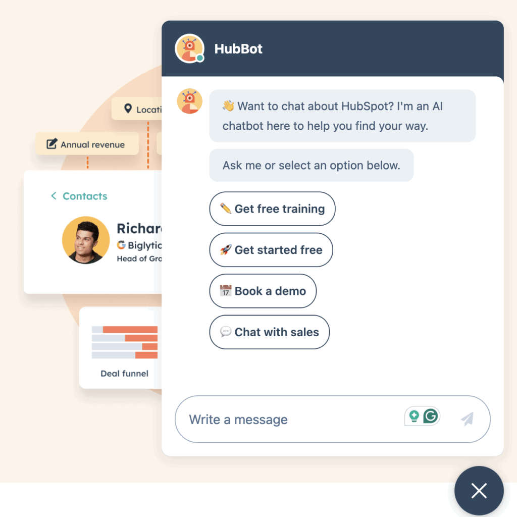 An example of a live chat demo on Hubspot’s website