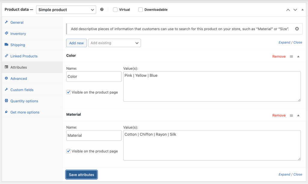 Adding product attributes to your custom WooCommerce product