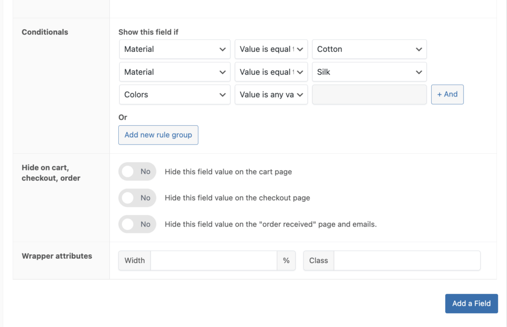 Applying conditional logic to product fields