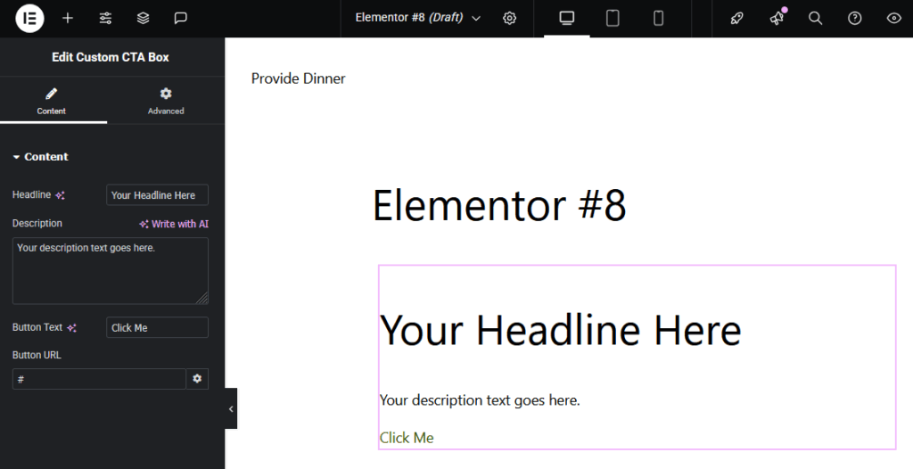 Customizing a custom widget in the Elementor builder